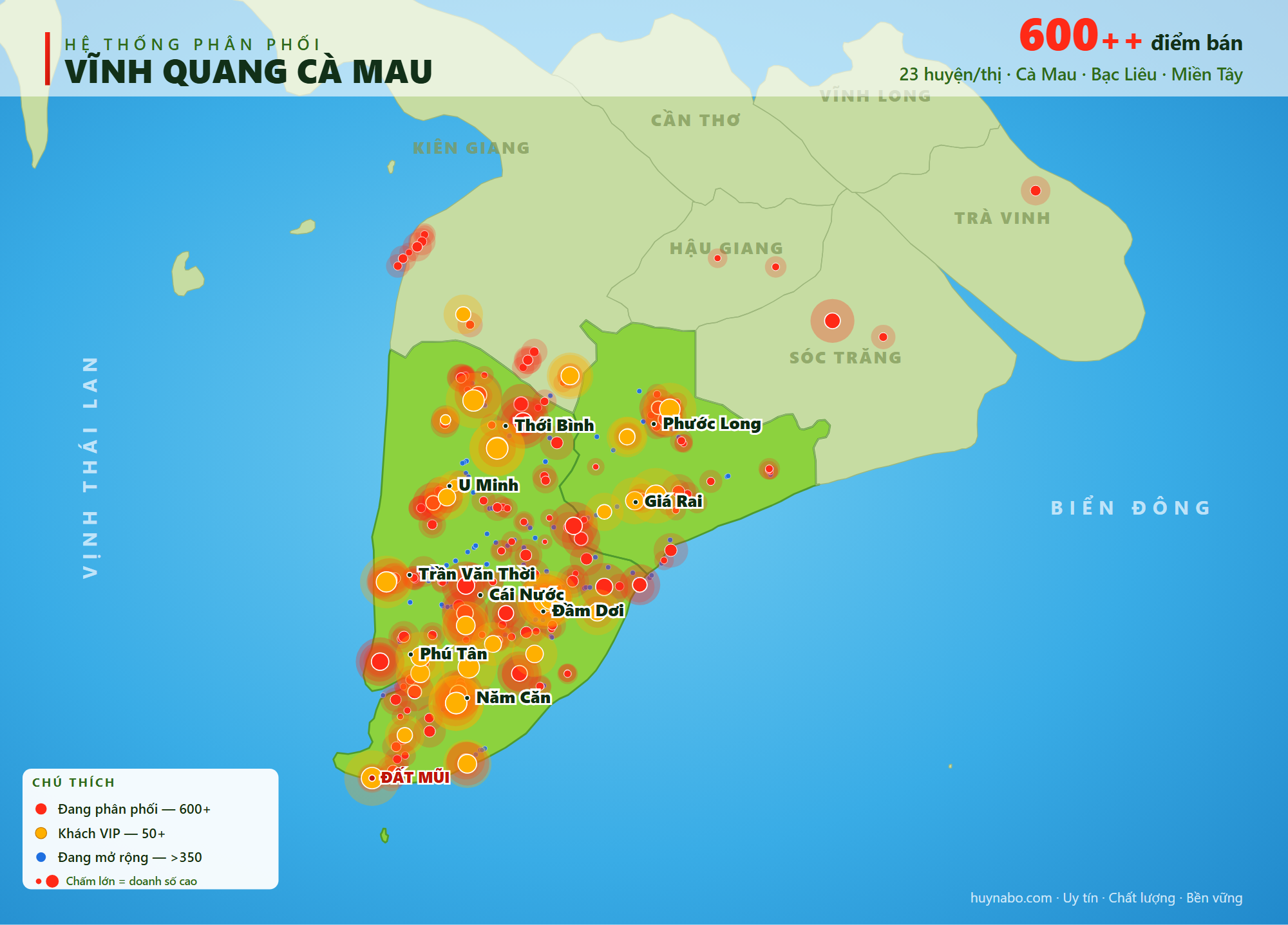 Bản đồ hệ thống phân phối Công Ty TNHH Vĩnh Quang Cà Mau — hơn 600 điểm bán khắp Cà Mau, Bạc Liêu và Miền Tây